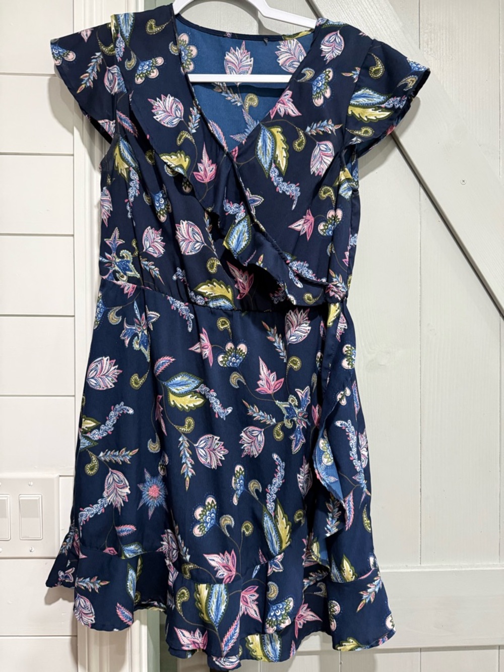 Floral Ruffle Wrap Midi Dress - Navy Pink Green